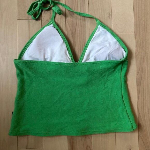 Vintage Aqua Rose Green Stretch Halter Tankini Top – Y2K Argyle Pink White – L - Picture 4 of 7